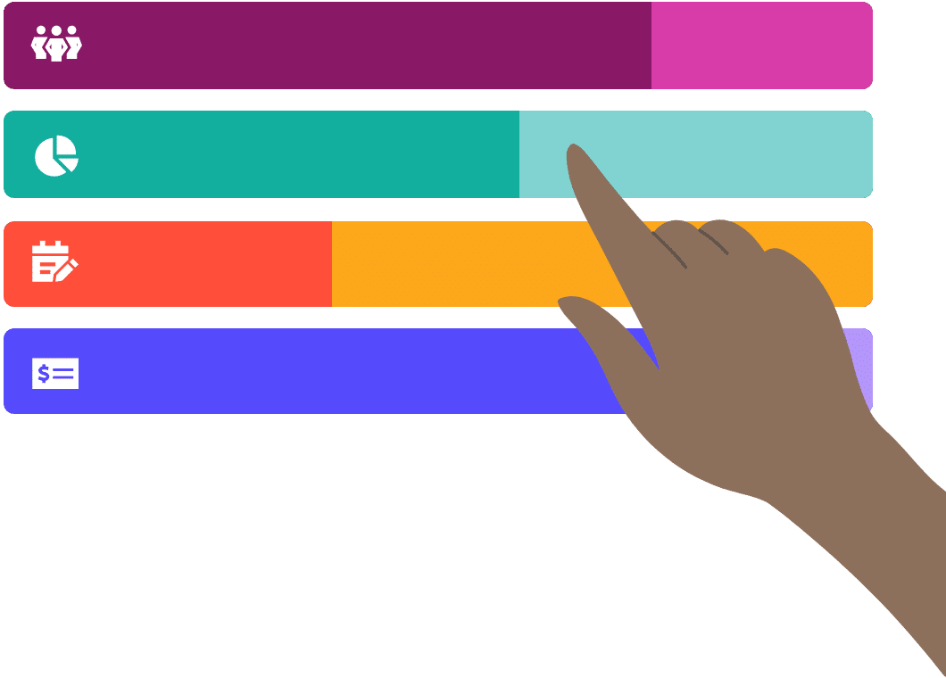 hand pointing to multicolored bars with tech icons